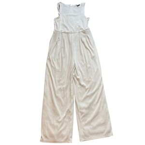 PrettyGarden Womens White Ribbed Knit Wide Leg Jumpsuit Square Neck Sleeveless L